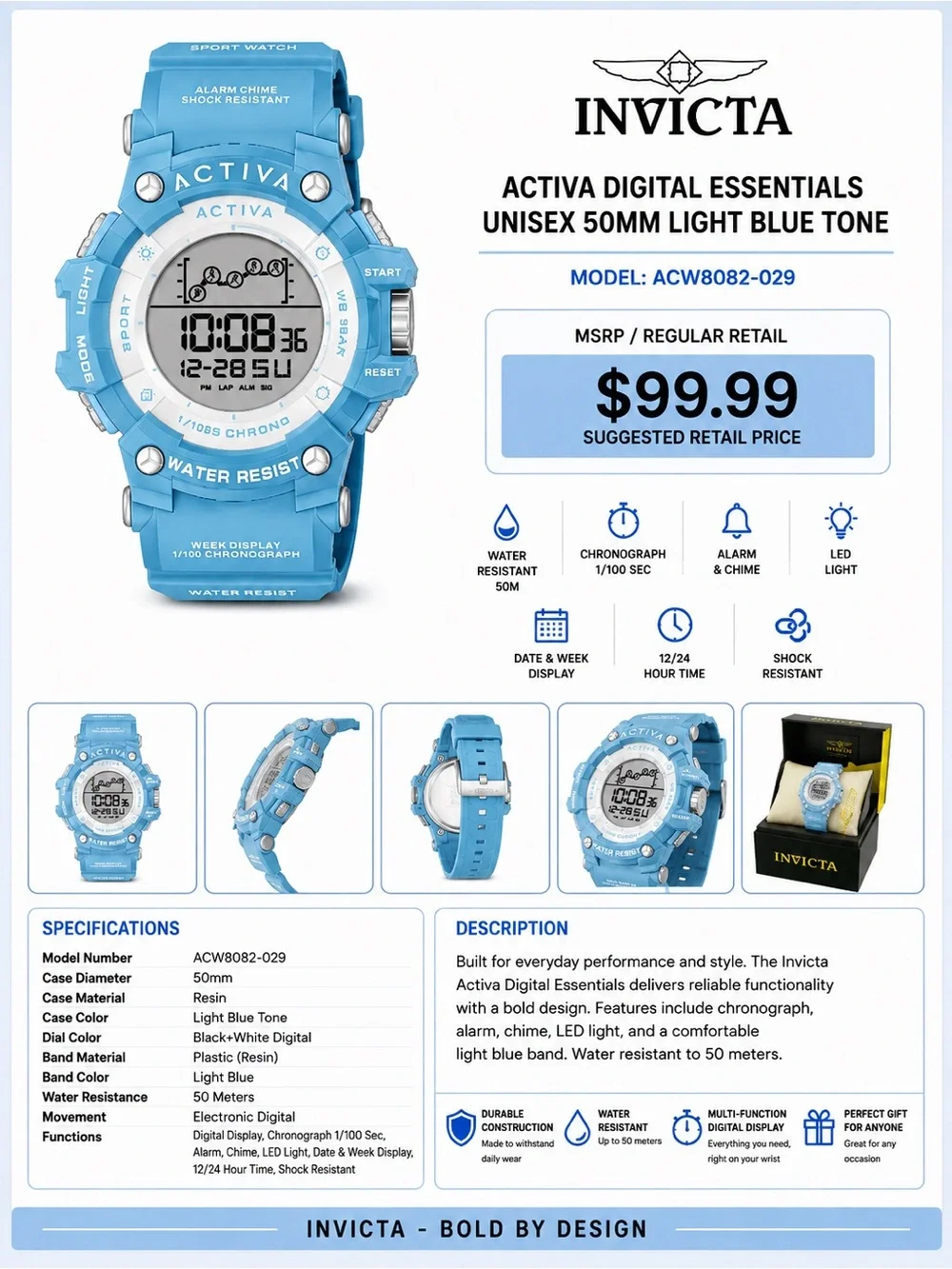 Invicta Activa Digital Essentials Unisex Watch - Light Blue